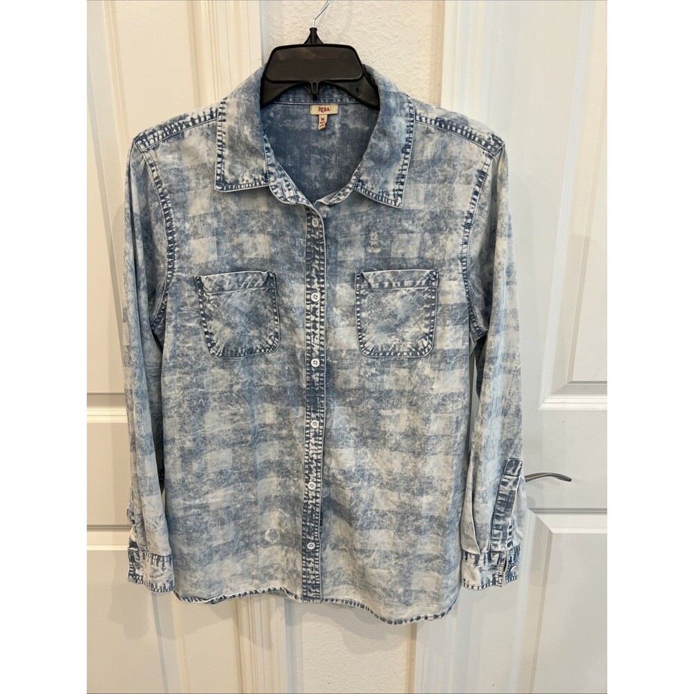 Reba Brand Women's M Stonewash Look Shirt Button-Down Front Pockets Long Sleeves